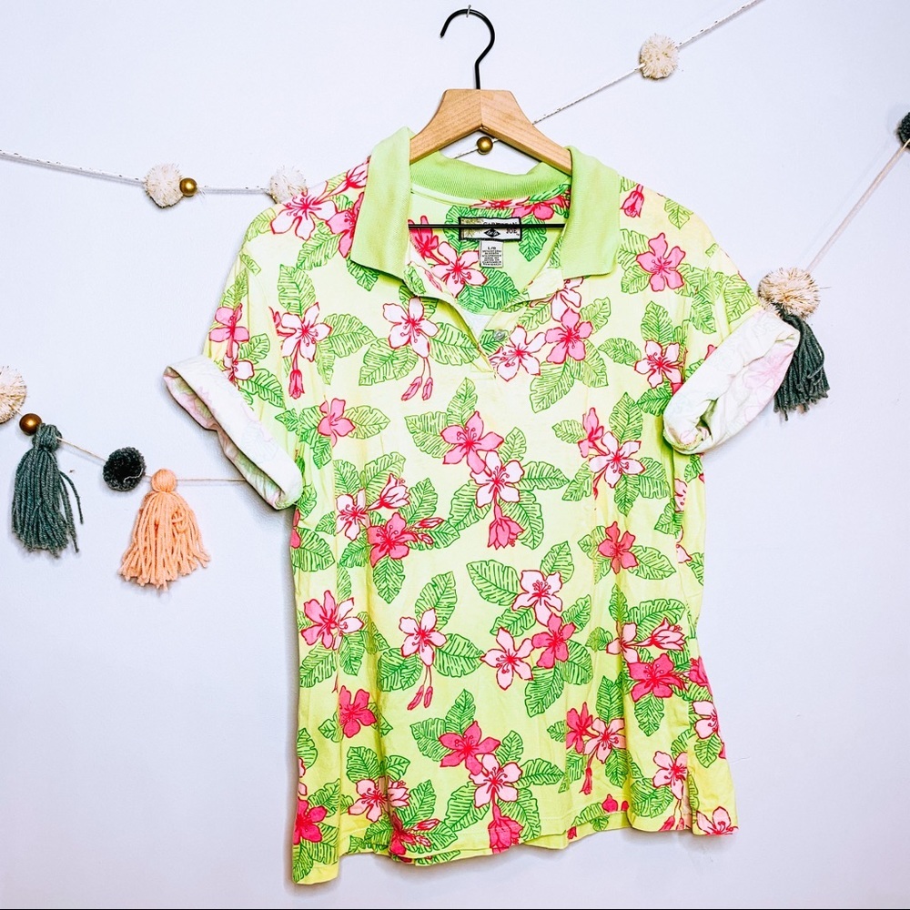 VINTAGE y2k preppy floral Hawaiian cropped polo